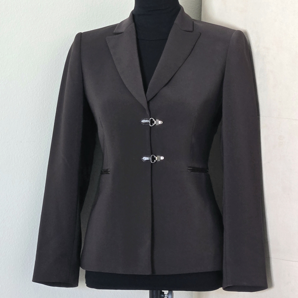Tahari Arthur S Levine-Chocolate Brown Blazer, Faux Leather Trim, Metal Closures